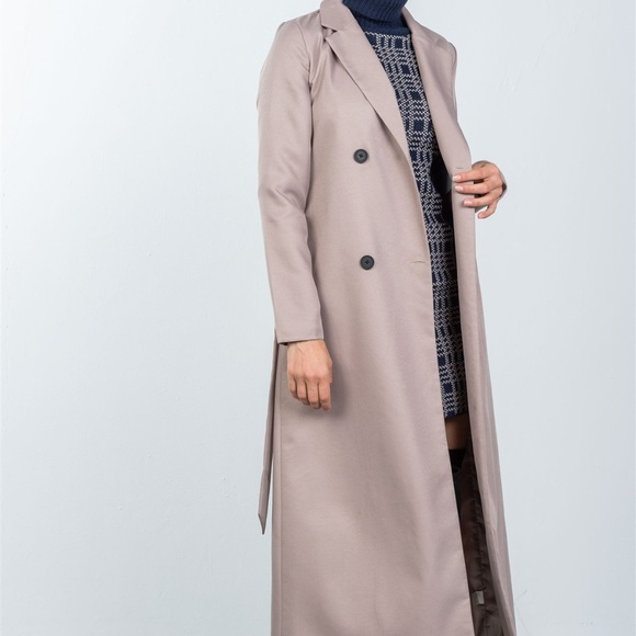 1left🎉🎉🎉Taupe Double Breasted Belted Long Coat - Picture 2 of 5